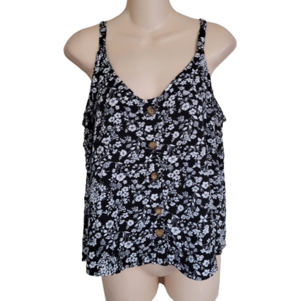Hollister Black and White Floral Sleeveless Blouse Top Size Women's Large